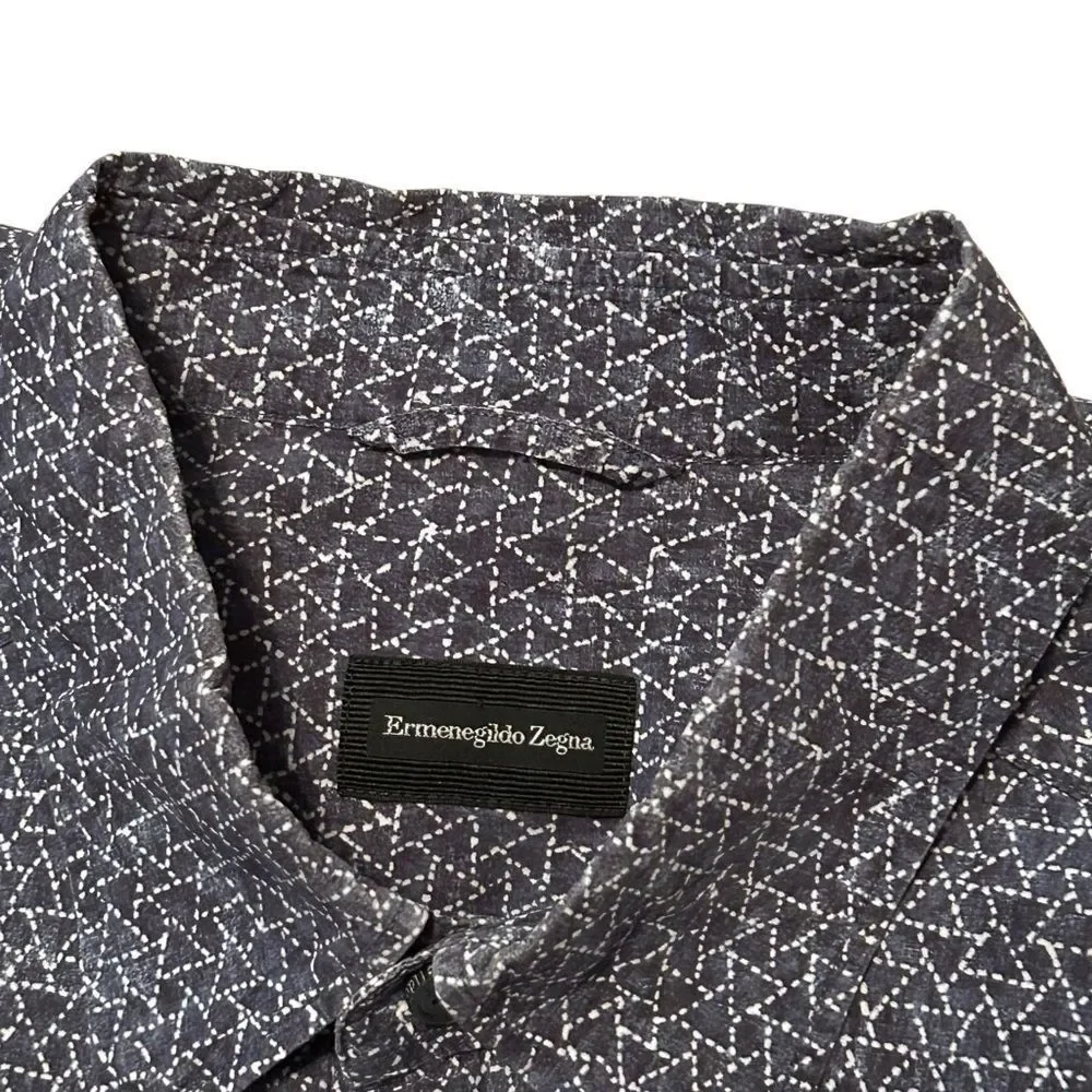 Ermenegildo Zegna Geometric Abstract Button Down Shirt Navy White  Designer M